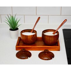Набор бочонков деревянных для специй на подставке. Набор баночек для соли сахара. Сахарница, солонка, фото 