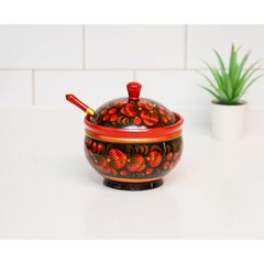 Сахарница деревянная расписная с ложкой D12,5 H12, фото 