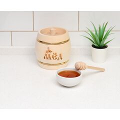 Бочонок деревянный для меда на 0,5 кг с ложкой-веретено, фото 