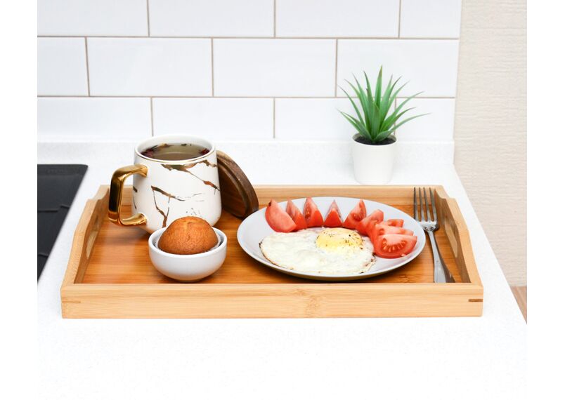 Поднос деревянный прямоугольный с ручками бамбук 38x25x5, фото , изображение 6