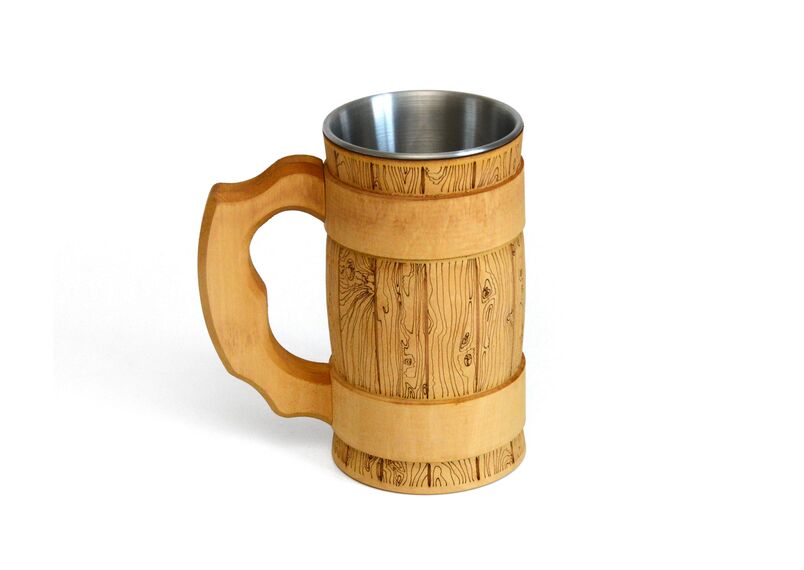Кружка деревянная темная с вставкой из нержавейки 0,5 л, фото , изображение 3