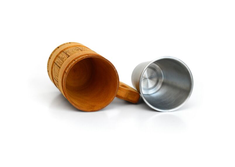 Кружка деревянная темная с вставкой из нержавейки 0,5 л, фото , изображение 5