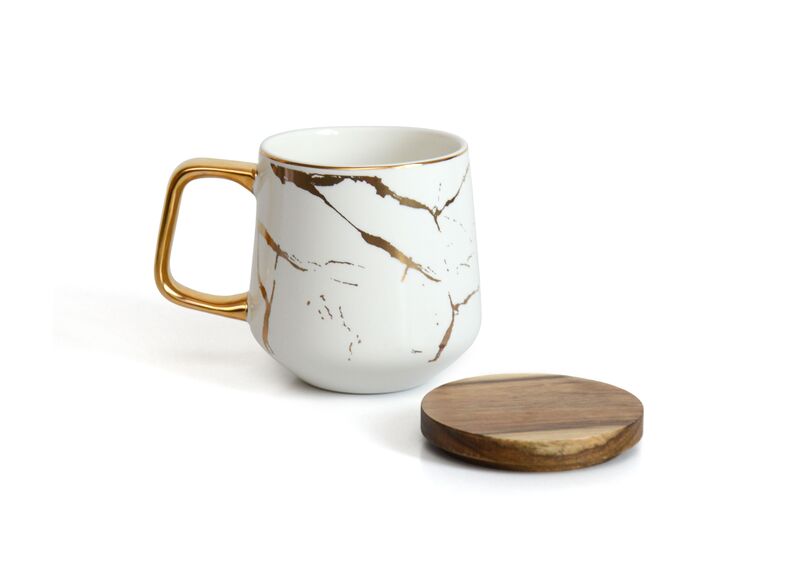 Кружка керамическая с деревянной крышкой, цвет бело-золотой, фото , изображение 5