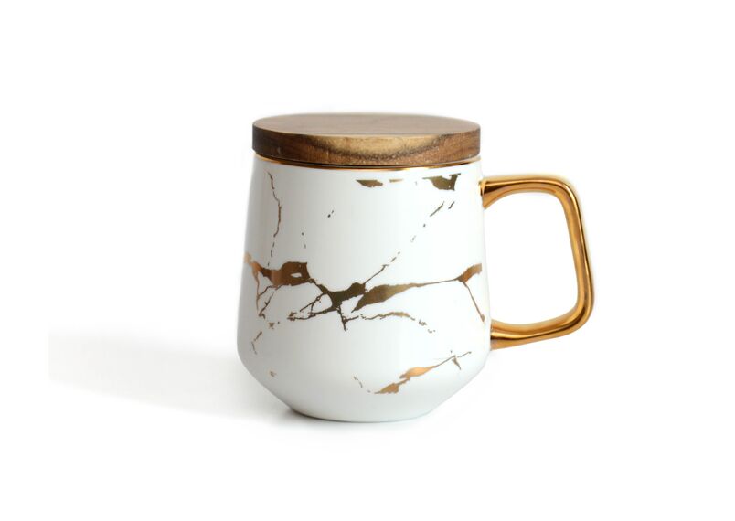 Кружка керамическая с деревянной крышкой, цвет бело-золотой, фото , изображение 2