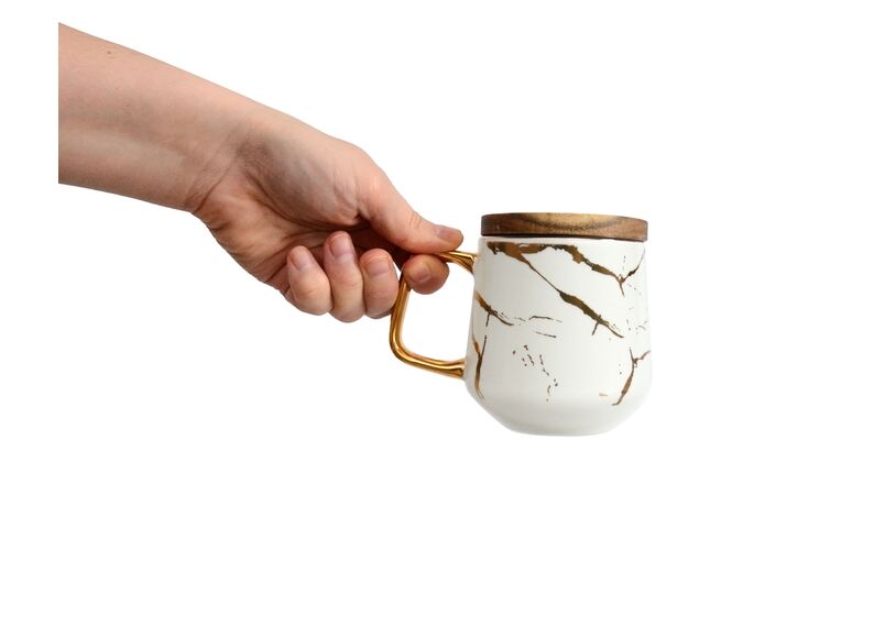 Кружка керамическая с деревянной крышкой, цвет бело-золотой, фото , изображение 3