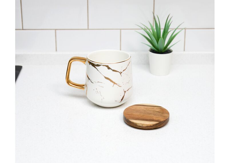Кружка керамическая с деревянной крышкой, цвет бело-золотой, фото , изображение 8