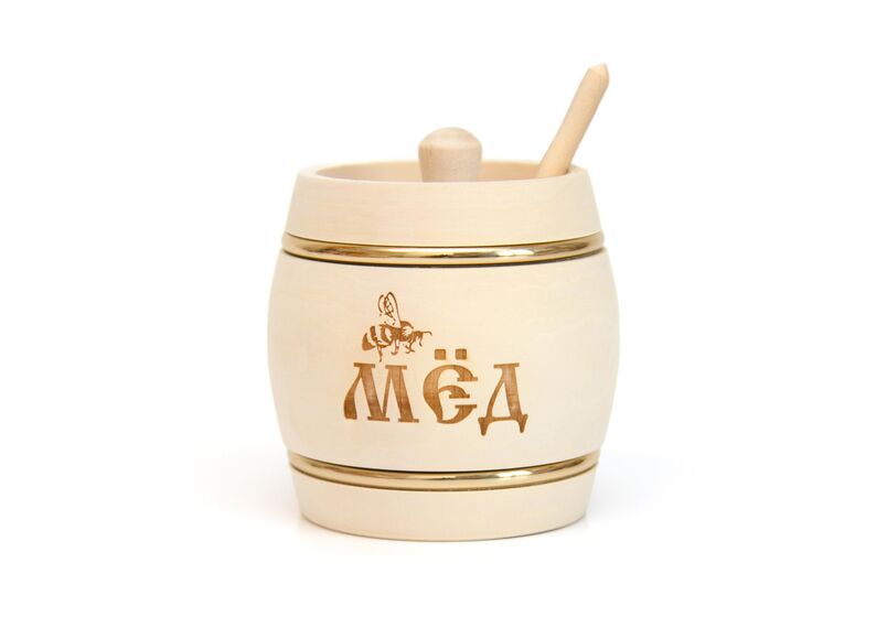 Бочонок деревянный для меда на 0,5 кг с ложкой чайной, фото , изображение 3
