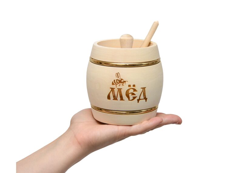 Бочонок деревянный для меда на 0,5 кг с ложкой чайной, фото , изображение 9